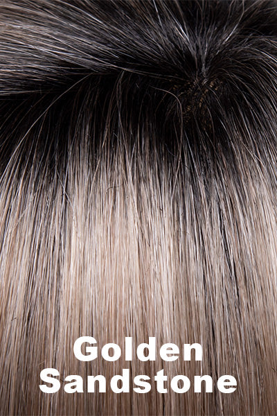 Color Swatch Golden Sandstone for Envy wig Carley.  Creamy beige blonde and dark blonde blend with dark brown roots.