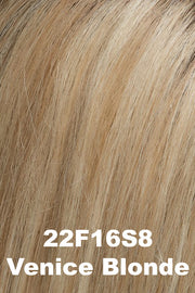 Color 22F16S8 (Venice Blonde) for Jon Renau wig Cameron Lite Petite (#5857). Medium brown root with a cool blend of light ash blonde, dark blonde and golden blonde.