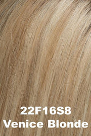 Color 22F16S8 (Venice Blonde) for Jon Renau top piece Top Full 12" (#367). Medium brown root with a cool blend of light ash blonde, dark blonde and golden blonde.