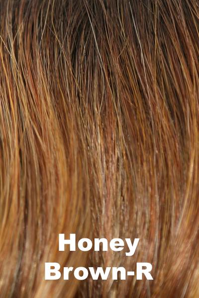 Color Honey Brown-R for Rene of Paris wig Anastasia #2388. Dark brown root with Sunkissed medium brown base and medium honey blonde highlights.