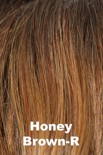 Color Honey Brown-R for Amore Top Piece Flex TP (#912). Dark brown root with Sunkissed medium brown base and medium honey blonde highlights.