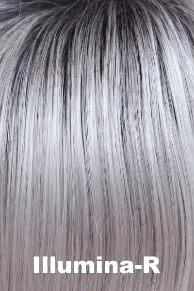 Color Illumina-R for Orchid wig Scorpio (#5020). Iridescent white base with silver and pale purple hues and a dark brown root.