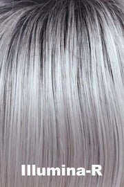 Color Illumina-R for Orchid wig Adelle (#5021). Iridescent white base with silver and pale purple hues and a dark brown root.