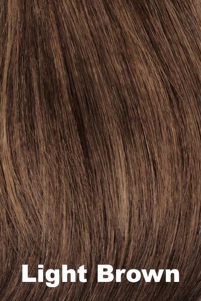 Color Swatch Light Brown  for Envy wig Jordan Human Hair Blend.  Light brown base with warm golden undertones and reddish brown highlights.