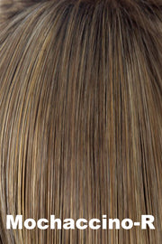 Color Mochaccino-R for Amore wig Sybil (#2583). Dark chocolate room with creamy and icy coconut blonde highlights and a chocolate undertone.