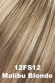 Color 12FS12 (Malibu Blonde) for Jon Renau wig Anne (#5384). Natural sunkissed blonde that has a honey blond base, lighter cream and wheat blonde highlights, and a medium brown root.