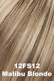 Color 12FS12 (Malibu Blonde) for Jon Renau wig Rachel Lite (#5864). Natural sunkissed blonde that has a honey blond base, lighter cream and wheat blonde highlights, and a medium brown root.