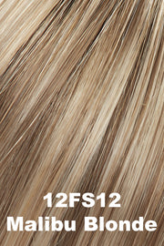 Color 12FS12 (Malibu Blonde) for Jon Renau wig Madison (#5913). Natural sunkissed blonde that has a honey blond base, lighter cream and wheat blonde highlights, and a medium brown root.