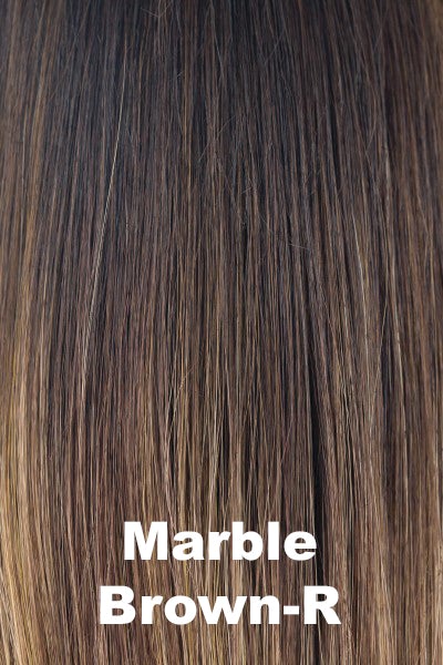 Color Marble Brown-R for Rene of Paris wig Sage (#2400). Warm dark brown and medium golden blonde mix with warm dark brown long roots.
