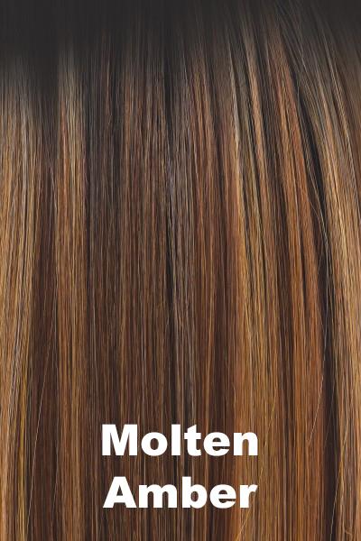 Color Molten Amber for Orchid wig Sassy (#4111). Dark brown root melting into a chestnut and deep copper base with creamy golden blonde highlights.