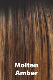 Color Molten Amber for Orchid wig Destiny (#4112). Dark brown root melting into a chestnut and deep copper base with creamy golden blonde highlights.