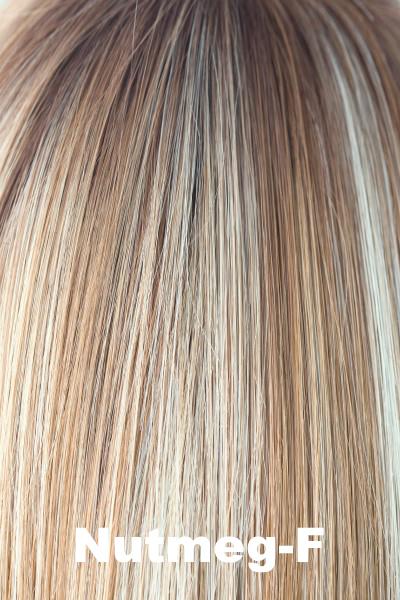 Color Nutmeg-F for Orchid wig Serena (#5025). Dark brown rooted nutmeg blonde and medium golden blonde base with cream blonde, warm coconut and honey blonde highlights.