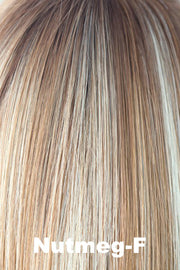 Color Nutmeg-F for Alexander Couture wig Amara (#1033).  Dark brown rooted nutmeg blonde and medium golden blonde base with cream blonde, warm coconut and honey blonde highlights.