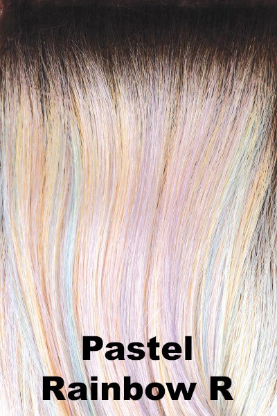 Color Pastel Rainbow-R for Rene of Paris wig Sage (#2400). Medium brown root with pearl blonde base and pale peach, lime and lilac pink hues.