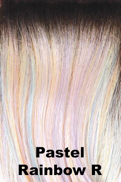 Color Pastel Rainbow-R for Rene of Paris wig Shane (#2398). Medium brown root with pearl blonde base and pale peach, lime and lilac pink hues.