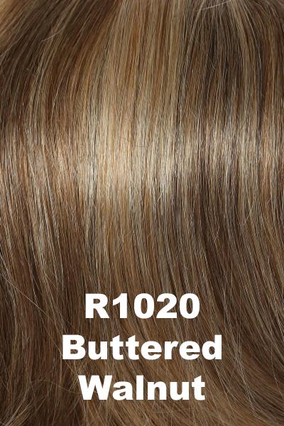 Color Buttered Walnut (R1020)  for Raquel Welch wig Beguile Human Hair.  Medium brown base with dark blonde highlights.