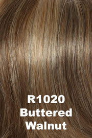 Color Buttered Walnut (R1020)  for Raquel Welch wig Knockout Human Hair.  Medium brown base with dark blonde highlights.
