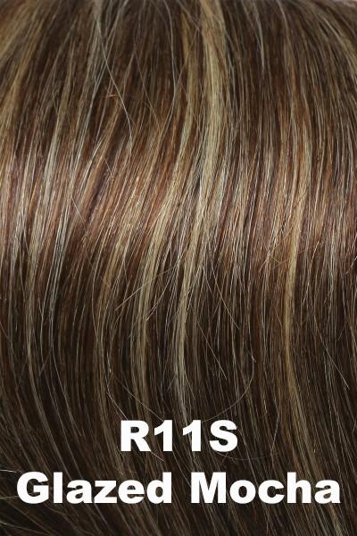 Color Glazed Mocha (R11S+) for Raquel Welch Top Piece Gilded 12" Human Hair.  Medium brown with heavier warm blonde highlights.