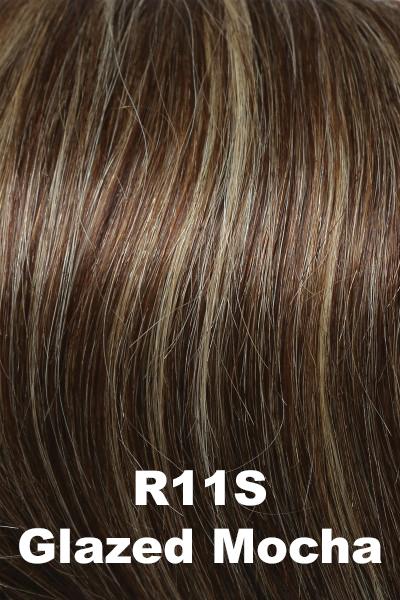 Color Glazed Mocha (R11S) for Raquel Welch wig Bravo Human Hair.  Medium brown with heavier warm blonde highlights.