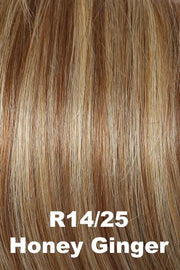 Color Honey Ginger (R14/25)  for Raquel Welch wig Knockout Human Hair.  Dark blonde base with honey blonde and ginger blonde highlights.