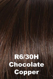 Color Chocolate Copper (R6/30H)  for Raquel Welch wig Knockout Human Hair.  Rich dark chocolate brown with medium auburn highlights.