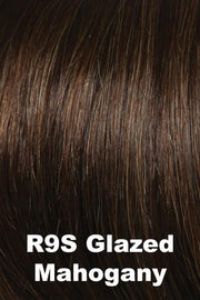 Color Glazed Mahogany (R9S)  for Raquel Welch wig Knockout Human Hair.  Dark brown base with a reddish brown undertone and golden brown highlights.