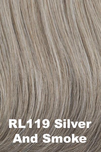 Color Silver & Smoke (RL119) for Raquel Welch wig On Your Game.  Walnut brown and grey blend with a dark nape.