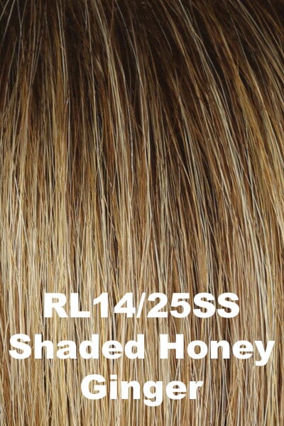 Color Shaded Honey Ginger (RL14/25SS) for Raquel Welch wig Always.  Medium brown roots gradually blending into a dark blonde base with golden blonde and honey blonde highlights.