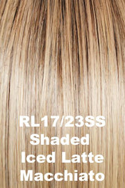 Color Shaded Iced Latte Macchiato (RL17/23SS) for Raquel Welch Top Piece Go All Out 10".  Medium brown roots blending into a honey blonde and platinum blonde base.
