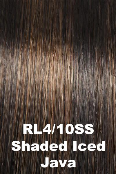 Color Shaded Iced Java (RL4/10SS) for Raquel Welch Top Piece Go All Out 16".  Dark brown with a cool undertone, light brown highlights, and dark brown roots.
