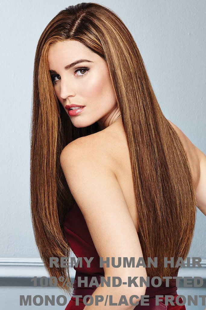 Model wearing Raquel Welch wig Glamour and More Remy Human Hair 9.