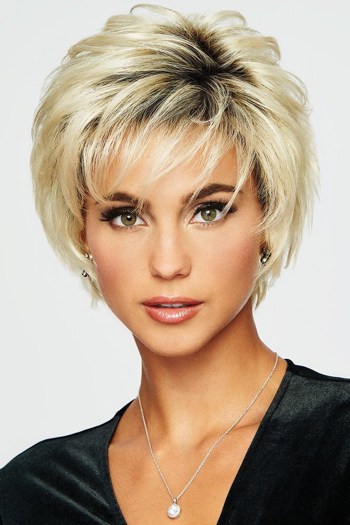 Model wearing Raquel Welch wig Voltage Large 4.