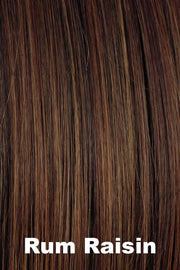 Color Rum Raisin for Orchid wig Petite Portia (#5022). Dark chestnut brown base with medium hazel blonde and medium mahogany red brown highlights.