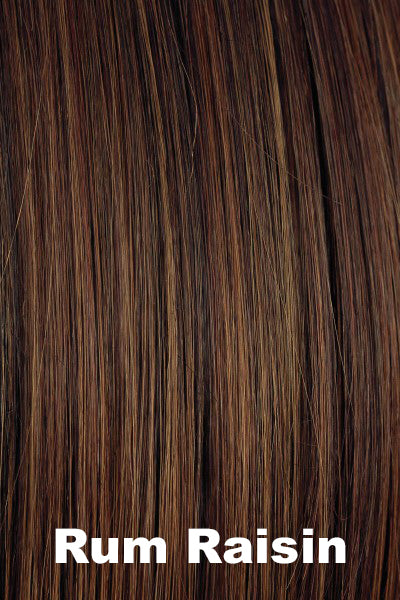 Color Rum Raisin for Orchid wig Lacey (#5023). Dark chestnut brown base with medium hazel blonde and medium mahogany red brown highlights.