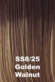 Color Shaded Golden Walnut (SS8/25) for Raquel Welch wig Winner.  Rooted dark brown base with warm golden blonde highlights.