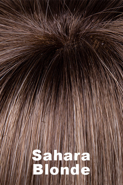 Color Swatch Sahara Blonde for Envy wig Scarlett.  Dark blonde and light golden blonde blended base with chestnut roots.