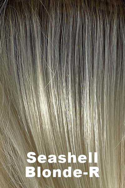 Color Seashell Blond-R for Rene of Paris wig Jude (#2407). Soft brown root with cool white blonde and creamy white tones.