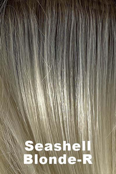 Color Seashell Blond-R for Rene of Paris wig Nell (#2408). Soft brown root with cool white blonde and creamy white tones.
