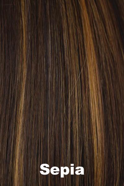 Color Sepia for Orchid wig Adelle (#5021). Golden chestnut base with toasted toffee and amber highlights.