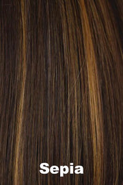 Color Sepia for Orchid wig Petite Portia (#5022). Golden chestnut base with toasted toffee and amber highlights.