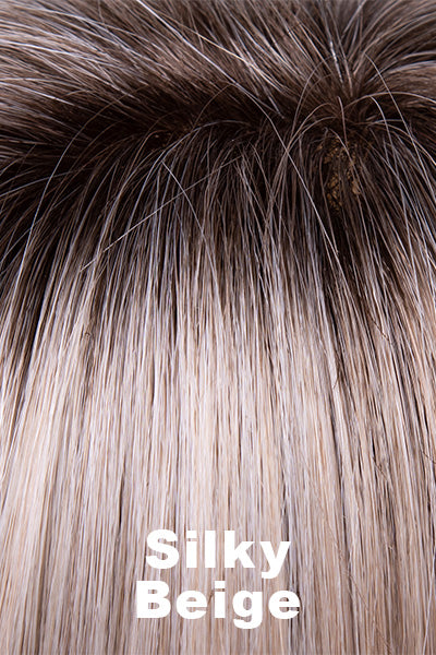 Color Swatch Silky Beige for Envy wig Alyssa.  Neutral platinum blonde base with dark brown roots.