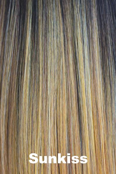 Color Sunkiss for Orchid wig Sassy (#4111). Medium brown root gradually blending into honey blonde and golden blonde.