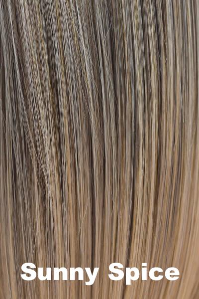 Color Sunny Spice for Orchid wig Scorpio PM (#5024). Nutmeg and caramel blonde base with a deep coffee root.