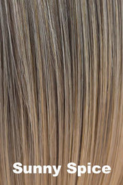 Color Sunny Spice for Orchid wig Petite Portia (#5022). Nutmeg and caramel blonde base with a deep coffee root.