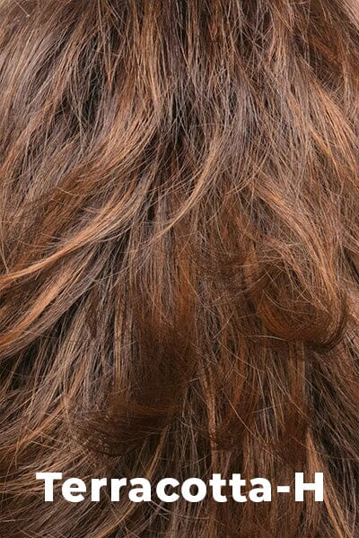 Color Terracotta-H for Noriko wig Lexy #1642. Dark red brown rooting with chocolate, cinnamon, amber blonde and copper highlights.