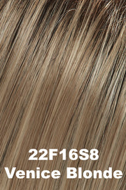Color 22F16S8 (Venice Blonde) for Jon Renau wig Madison (#5913). Medium brown root with a cool blend of light ash blonde, dark blonde and golden blonde.