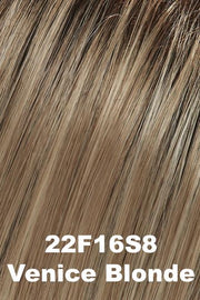 Color 22F16S8 (Venice Blonde) for Jon Renau wig Ignite (#5142). Medium brown root with a cool blend of light ash blonde, dark blonde and golden blonde.
