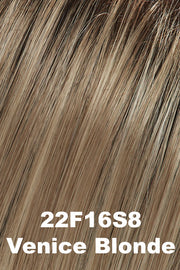 Color 22F16S8 (Venice Blonde) for Jon Renau top piece Top Wave 18" (#5993). Medium brown root with a cool blend of light ash blonde, dark blonde and golden blonde.