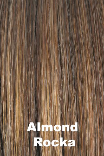 Color Almond Rocka for Amore wig Codi #2543. Rich medium brown base with dark strawberry blonde and medium golden highlights.