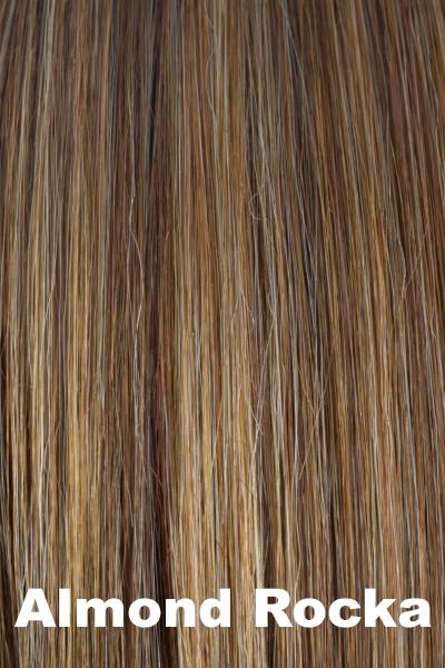 Color Almond Rocka for Rene of Paris wig Gia #2359. Rich medium brown base with dark strawberry blonde and medium golden highlights.